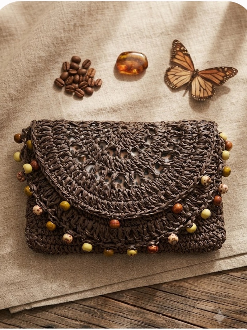 Woven Brown Beaded Straw Clutch